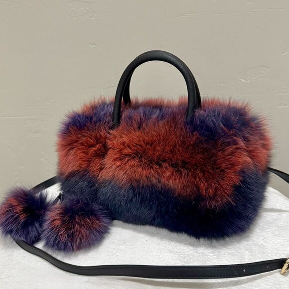 2 Tone Gradient Real Fox Fur Handmade Boston Bag/Crossbody & 2 Fur Balls Charm - Picture 6 of 17